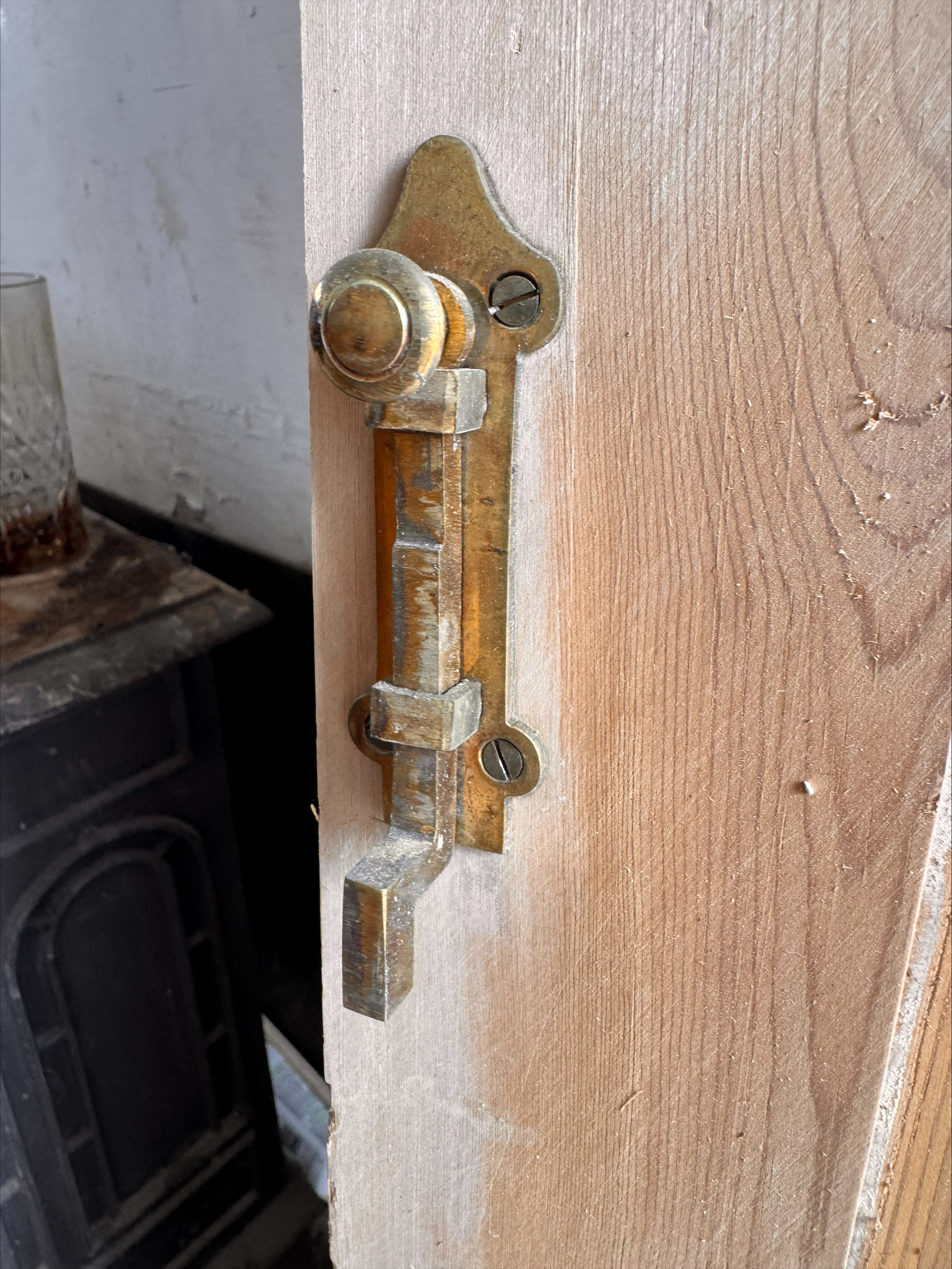 Small Reclaimed Pine Cupboard Door with Brass Bolt — 18.5” x 55¾” x 30mm - Image 3