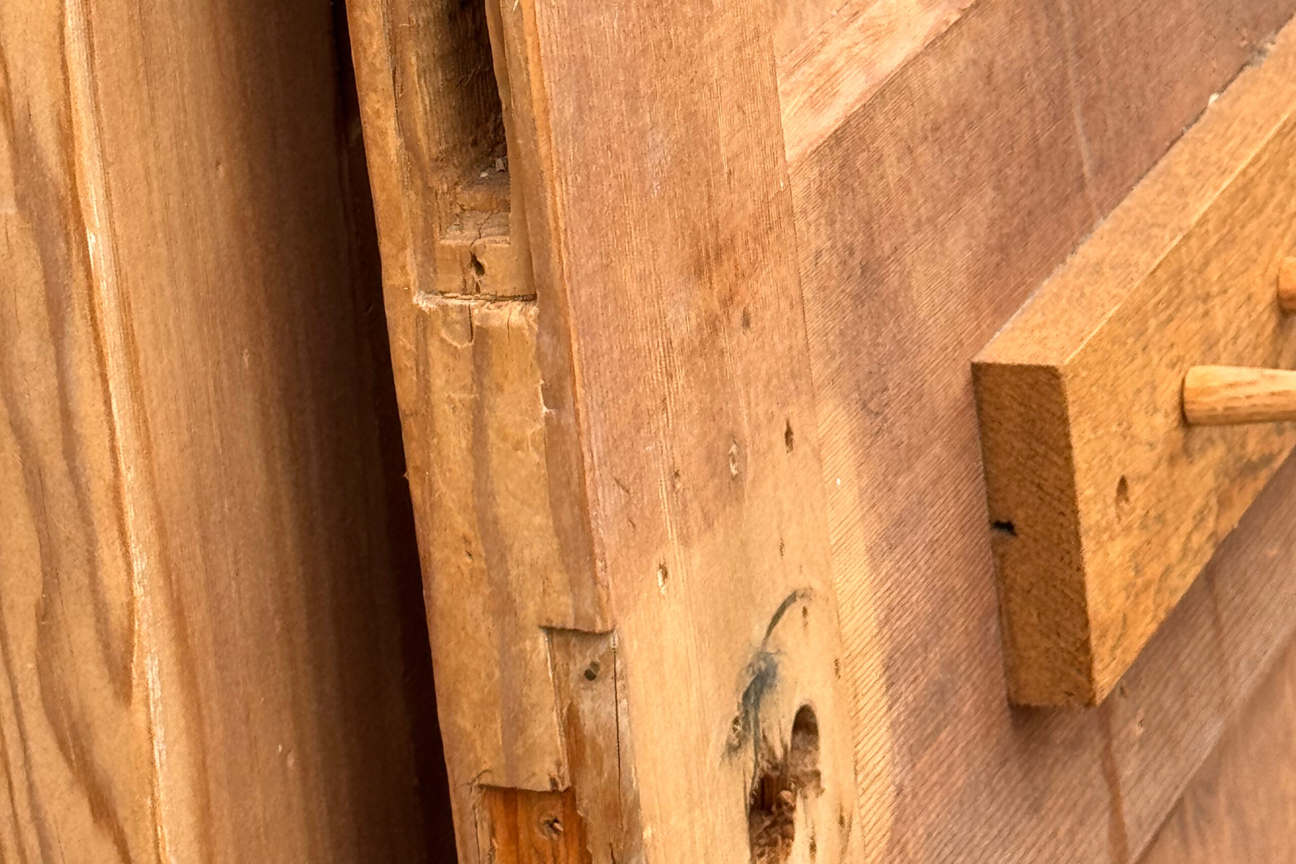 Traditional wooden door joint detail after stripping