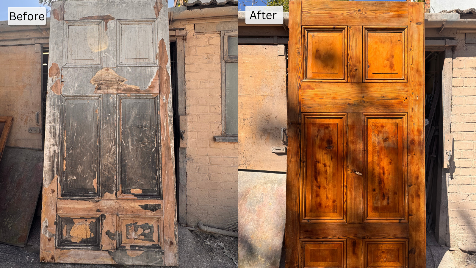 Stripped wooden door before and after paint removal