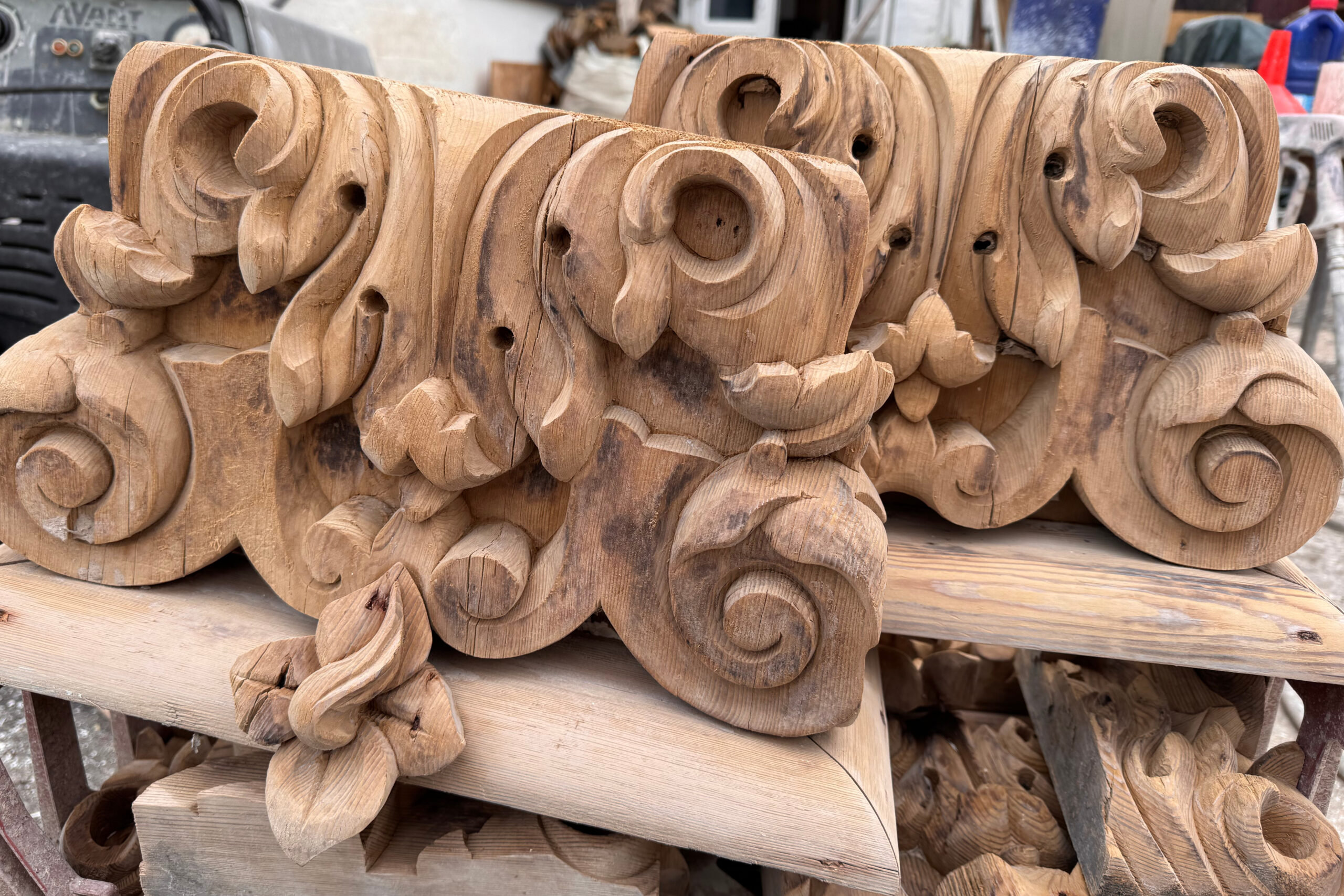Stripped timber furniture detail
